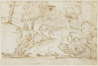 K V 020
<br/>
Dorpsplein met figuren
<br/>
<em>Grimaldi, Giovanni Francesco (1606-1680)</em>